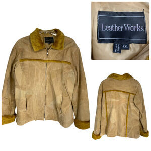 Vintage 1970's Leather Works Sz XXL Patched Suede Jacket Faux Fur Trim Pockets